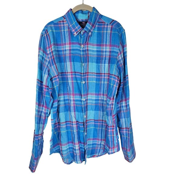 Vineyard Vines Mens Slim Fit Murray Shirt M 100% Linen Plaid Blue Preppy Coastal - Picture 1 of 7